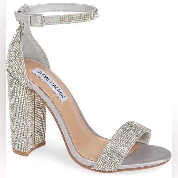 STEVE MADDEN Carrson Silver Ankle Strap Block Heels Formal Sparkly Crystals - Picture 7 of 14